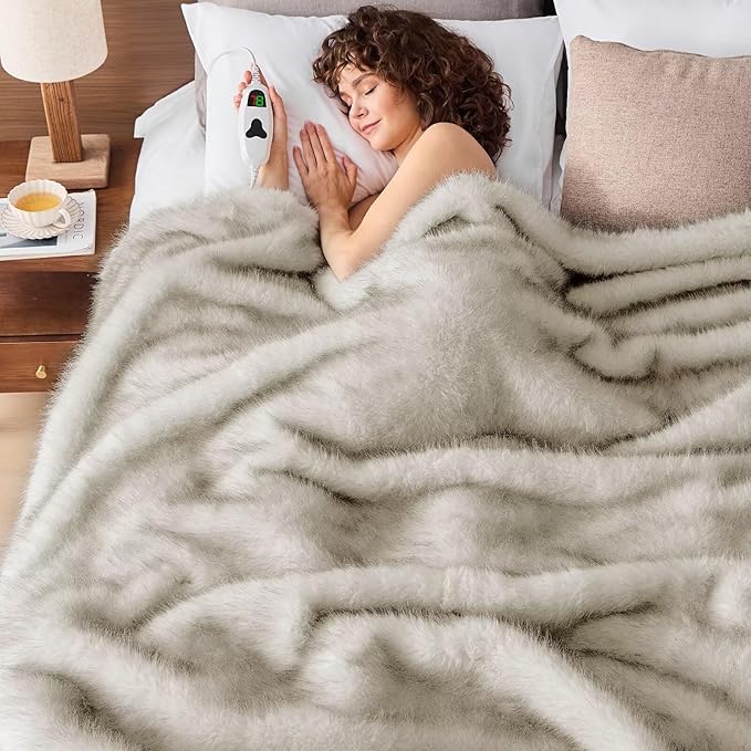 Heated Electric Blanket Twin, Octrot 60"X80" Faux Fur Heating Blanket Luxury Christmas Gifts Heavy Plush with 10 Heats Levels & 8 Hours Auto Off,Super Cozy Warm Fuzzy,Fluffy Decor Winter Warming,Beige
