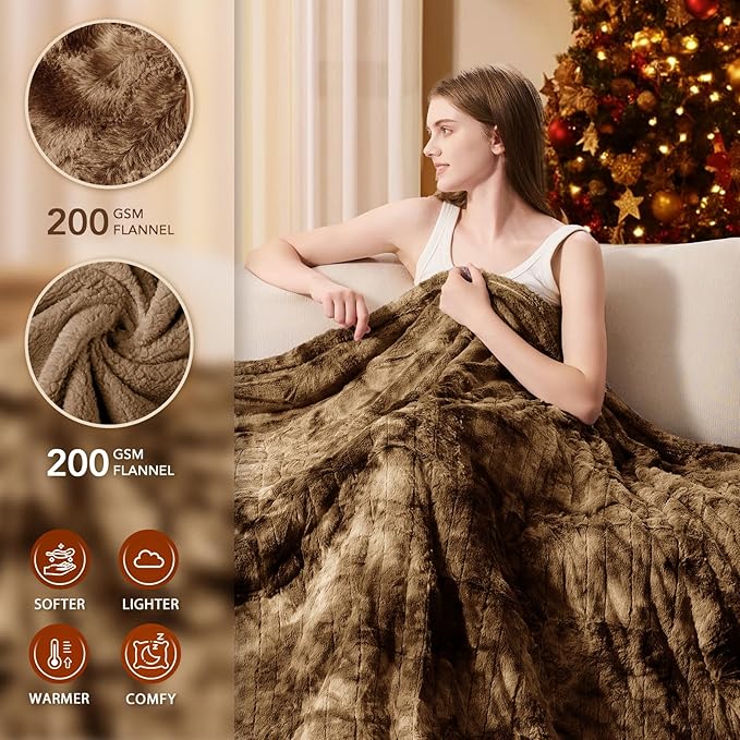 Homemate Heated Blanket Electric Throw - 50"x60" Heating Blanket Throw 1/2/4/6/8 Hours Auto-Off 10 Heat Levels Over-Heat Protection Luxury Faux Fur Sherpa ETL Certification
