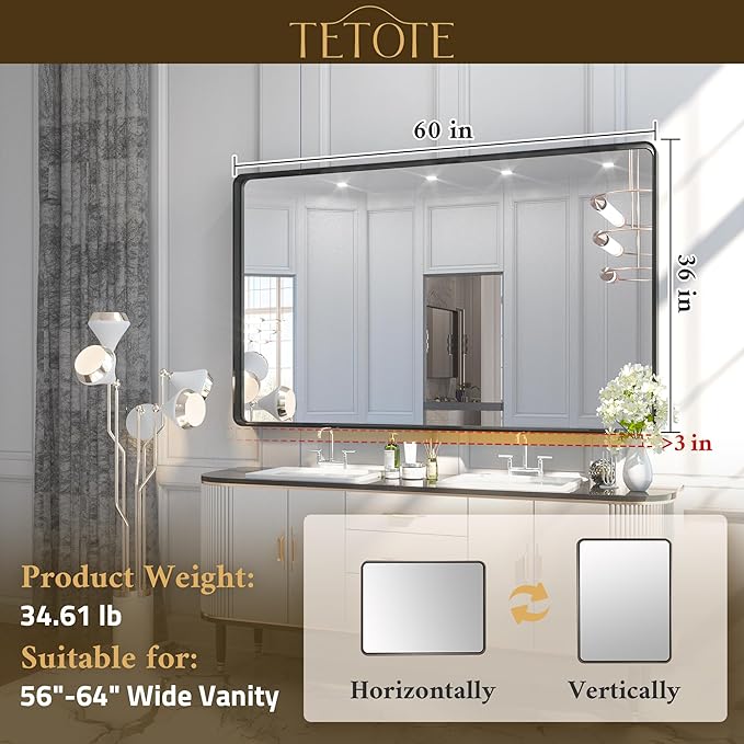 TETOTE 60 x 36 Inch Silver Wall Mirror, Brushed Silver Modern Decorative Rectangular Framed Large Farmhouse Vanity Mirrors for Bathroom Living Room (Horizontal/Vertical)