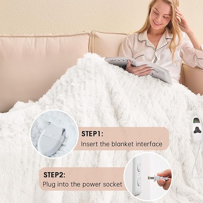 Heated Electric Blanket Twin–Faux Fur with Soft Thick Sherpa,Warm Winter Birthday Gifts for Women Grandma,10 Heat Settings,5 Time Settings with Fast Heating, 62x84, Snow Cloud