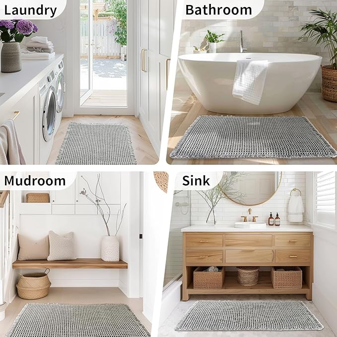 Waffle Runner Bath Mat - Long Boho Bathroom Rugs Non Slip Washable, Super Absorbent & Quick Dry, Soft Bath Mat Farmhouse Bathroom Decor, 24'' x 72'', Light Grey