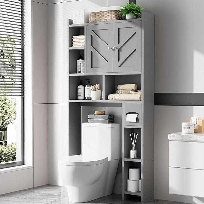 Meilocar Over The Toilet Storage Cabinet, Bathroom Over Toilet Storage Cabinet, Bathroom Storages Organizer Cabinets with Toilet Paper Holder and Adjustable Shelf, Grey