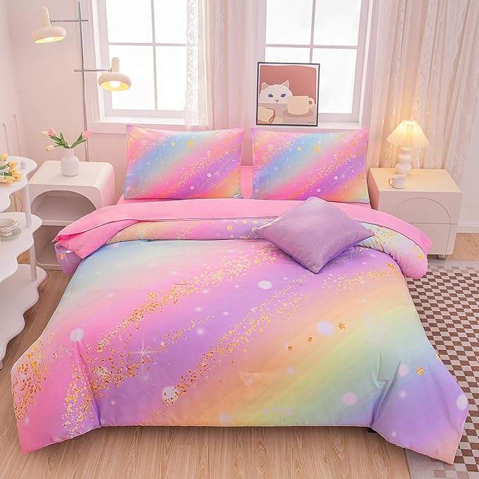 Rainbow Bedding Set Full Size – 6-Piece Reversible Girls Comforter with Deep-Pocket Sheet, Gradient Galaxy Design, Whole-Piece Filling, Machine Washable Bed-in-a-Bag for Kids Room Makeover & Gifts