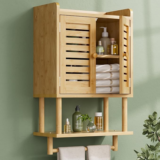 AmazerBath Bathroom Wall Cabinets, Bamboo Medicine Cabinets with Towel Bar, Wall Mounted Storage Cabinet with Adjustable Shelves, 2 Doors Over The Toilet Storage for Small Spaces,8.3x16.5x26.6 Inches
