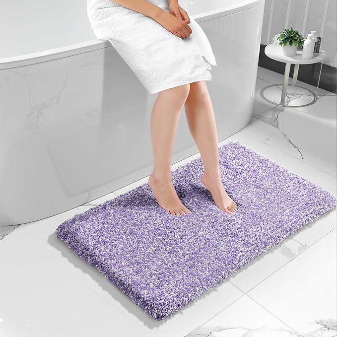 Yimobra Luxury Bathroom Rugs, Fluffy Bath Mats, Non Slip, Water Absorbent Microfiber, Machine Washable, Plush Runner Carpet Shower Rugs, Thick Matts for Bathroom Floor&Tub, 44"x 24", Purple and White