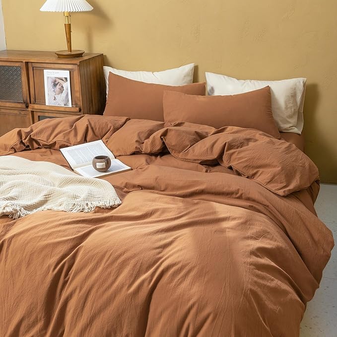 FOSSA Duvet Cover Set 100% Washed Cotton Linen Feel Super Soft Breathable Cozy Simple Style 3 Pieces Bedding Sets Solid Dark Orange Twin/Twin XL