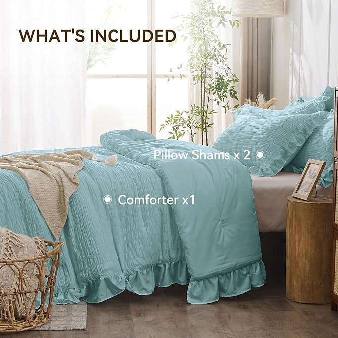 JOLLYVOGUE Light Blue Queen Comforter Set, 3 Pieces Seersucker Comforters Queen Size, Lightweight & Fluffy Bedding Sets for All Season with 1 Ruffle Comforter & 2 Ruffle Pillowshams