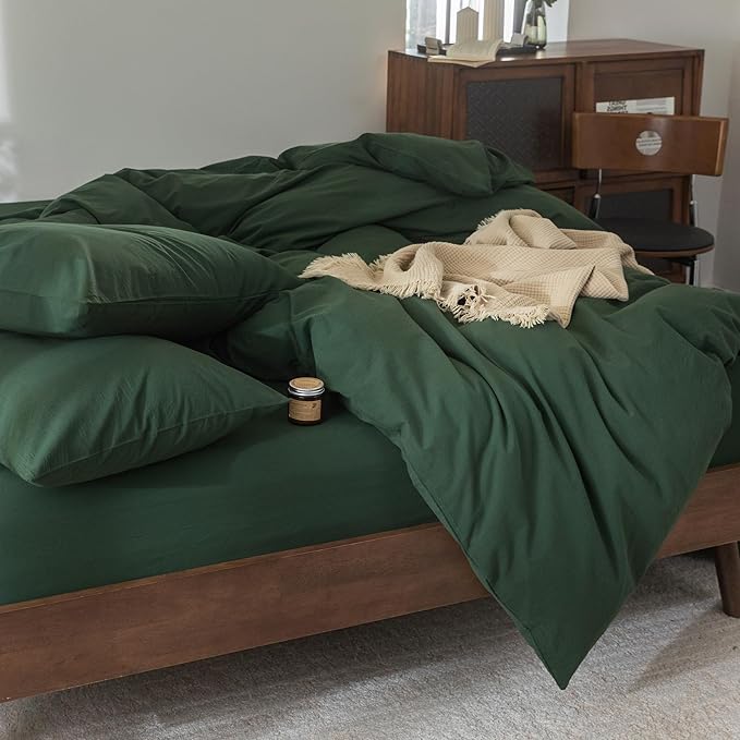FOSSA Duvet Cover Set 100% Washed Cotton Linen Feel Super Soft Breathable Cozy 3 Pieces Bedding Sets Solid Forest Green Super King Plus