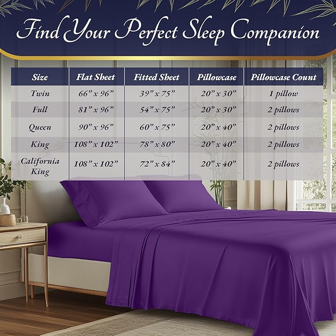 DECOLURE 100% Viscose Derived from Bamboo Sheets King Size 4pcs - Ultra Soft & Luxuriously Cooling, 17" Deep Pocket, Double Stitching, Perfect for Hot Sleepers - King Bed Sheets (Purple)