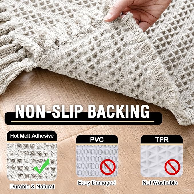 H.VERSAILTEX Waffle Bath Runner Rug Long Bath Mat Super Absorbent Boho Bath Rugs Non Slip Bath Runner for Bathroom Floor Machine Washable Dry Fast Bathroom Rugs with Tassels, 24" x 60", Ivory White