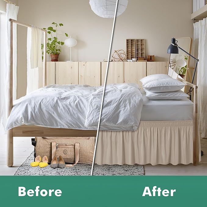Biscaynebay Wrap Around Bed Skirts with Split Corners for Full Beds 16" Drop, Light Camel Elastic Dust Ruffles Adjustable Easy Fit Wrinkle & Fade Resistant Silky Luxurious Fabric Machine Washable