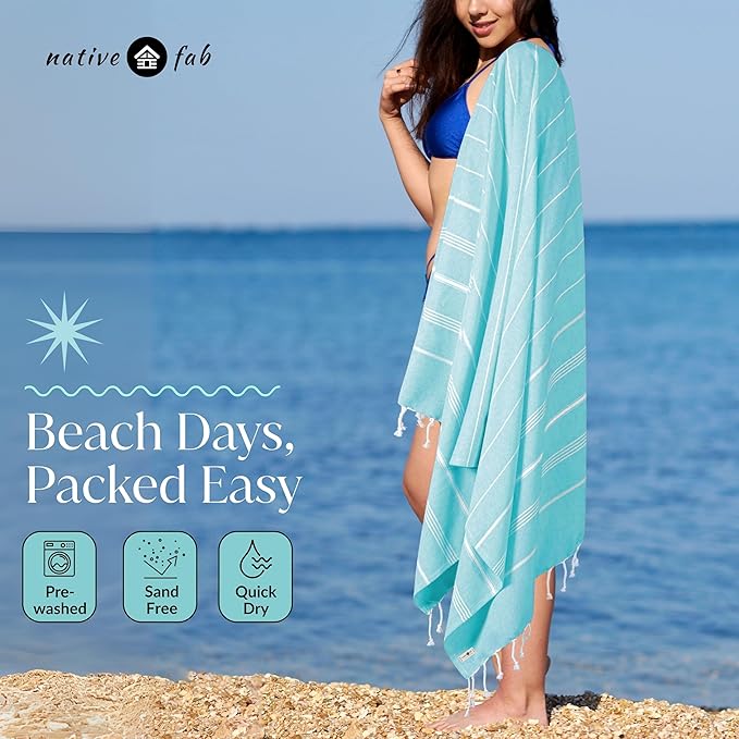 Native Fab Turkish Cotton Beach Towels Set of 6, Oversized 40x71 Inches, Thin & Lightweight, Quick Drying, Sand Resistant, Compact for Travel - Perfect for Summer, Beach, Pool, Spa - Multi 6 Colors