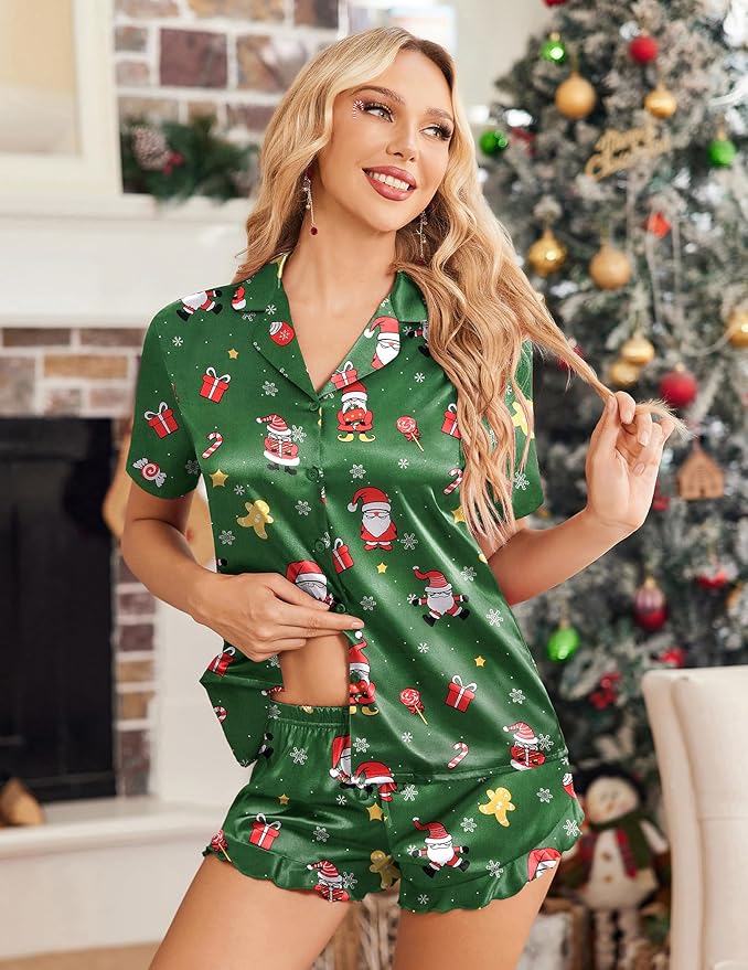 Ekouaer Womens Satin Pajamas Set Button Down 2 Piece Silk Pjs Shorts Set Ruffle Lingerie Notch Collar Sleepwear