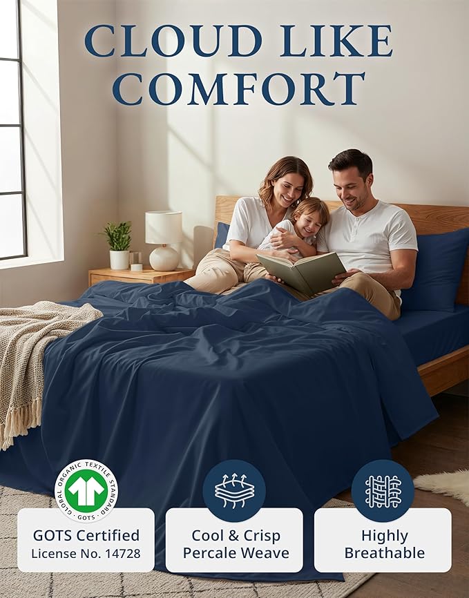 LANE LINEN 100% Organic Cotton Sheets Twin Size, Mercerized Cotton Fully Elasticized Soft & Comfy Bedding Sheets & Pillowcase Set, Good for Dorm Room, Deep Pocket Fully Elasticized Sheet- Navy