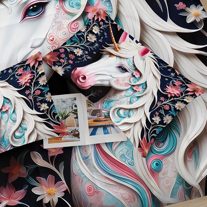 White and Pink Unicorn Flower Queen Size Comforter Set for Girls，Kids Queen Size Unicorn Bedding Sets for Girls，with 1 Comforter with 2 Pillow Case