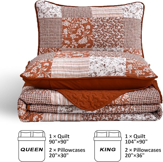 Mybedsoul Burnt Orange Quilt Set Queen Size, 3 Pieces Boho Plaid Terracotta Floral Bedspread Set Microfiber Lightweight Bohemian Bedding Bedspread Coverlet Set for All Season 90"x96"