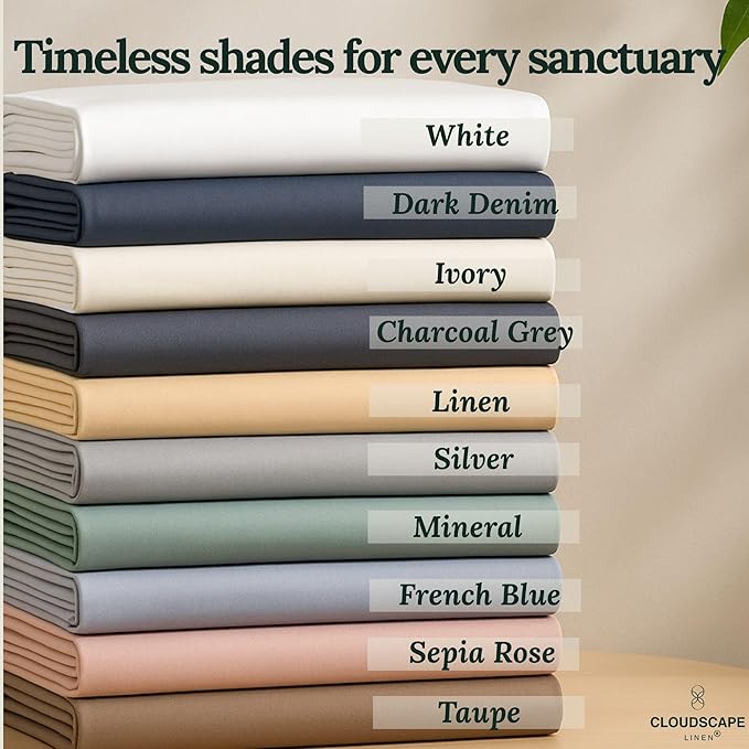 Cloud Scape Linen Engineered Dual-Ply Egyptian Cotton Queen Size Sheet Set – Long-Staple Sateen Weave, 4-Piece Soft Hotel Quality Bedding Set,Deep Pockets Up to 17”, White