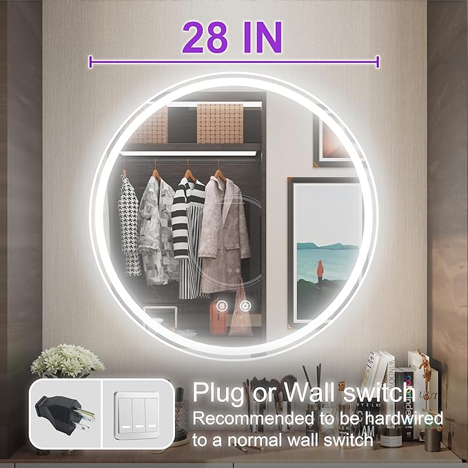 28-Inch Frameless Round LED Bathroom Mirror with Anti-Fog, Memory Function, Dimmable Front & Backlit Lights, 6000K Daylight, 5mm HD Glass, Touch Control
