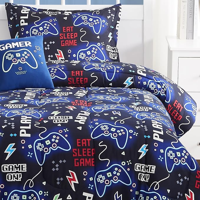Kids Comforter Set Full Size for Boys, Glow in The Dark Gamer Bedding Set 1 Comforter, 1 Decor Pillow, 2 Pillow Shams