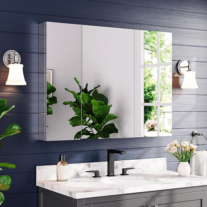 Medicine Cabinet 40" x 30", Bathroom Medicine Cabinet with Mirror, Recessed Medicine Cabinets with Adjustable Shelves, Soft-Closing Door, and Aluminum Alloy Frame - Reverse Installation, Silver