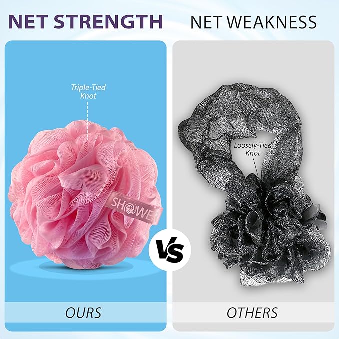 SHOWER BOUQUET Loofah Bath-Sponge XL Pink-4-Pack // Extra Large 75g Soft Mesh Net Luffa Loofa Loufa Lufa Puff Set/Exfoliating Body Scrubber for Women and Men - Exfoliate & Soothe Face & Body