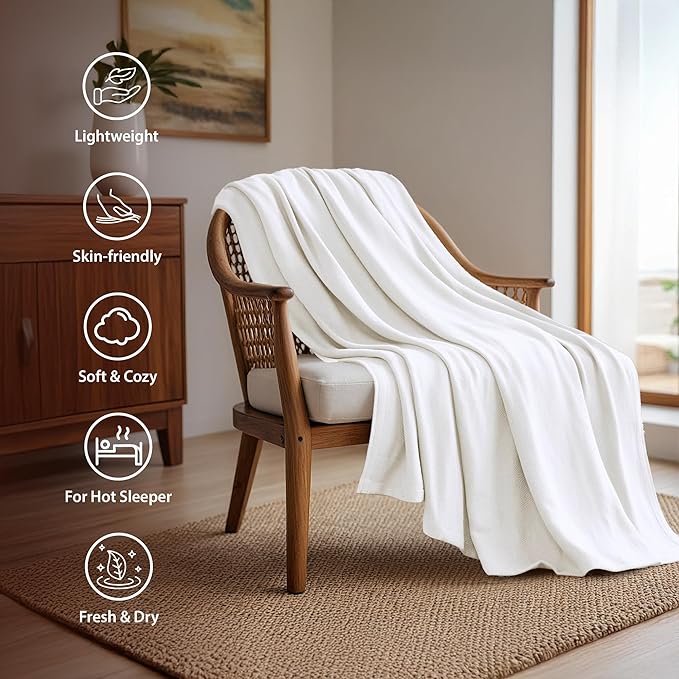 Queen Size Blanket, 70% Rayon (Derived from Bamboo) and 30% Cotton, Lightweight Jacquard Weave, Breathable and Soft Summer Blanket for Bed or Couch, 90” x 90”, White