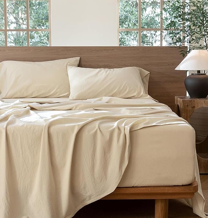 MooMee Bedding Sheet Set 100% Washed Cotton Linen Like Textured Breathable Durable Soft Comfy (Heathered Almond Milk Grey, King)