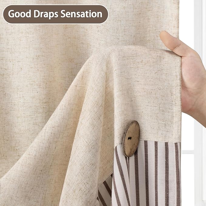 Farmhouse Shower Curtain Linen Beige Button Woven Fabric Country Rustic Western, Pleated Brown Stripe 72" W x 72" L