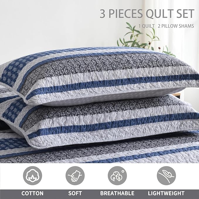 Homzard Quilt Bedding Set Twin Size - 100% Cotton Comforter Set,Gray Blue Quilts Bedspread for The Bed, Farmhouse Lightweight Bedding All Season