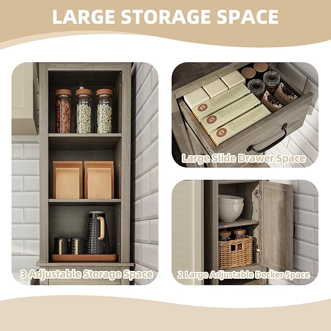Farmhouse Narrow Bathroom Cabinet with Drawer & Barn Door, Rustic Style Organizer with Custom Shelves, Tall Adjustable Bookshelf for Kitchen, Living Room, Grey