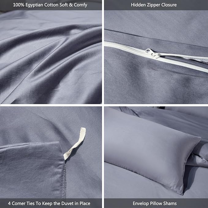 MooMee Duvet Cover Set 100% Extra Long Staple Cotton 600 Thread Count Silky Sateen Smooth Luxury Soft Breathable Durable Hotel Quality Bedding, 3 Pieces (Blueish Grey, King 104"x90")