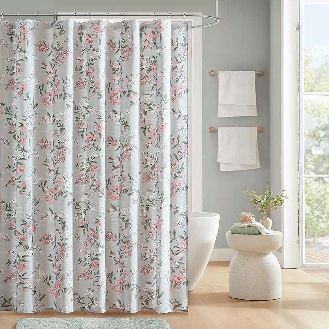 Martha Stewart Meadow Floral Shower Curtain, Cotton-Rich Slub Texture, Timeless Garden Design, Classic to Modern Farmhouse Bathroom Decor, Machine Washable 72"x84", Green