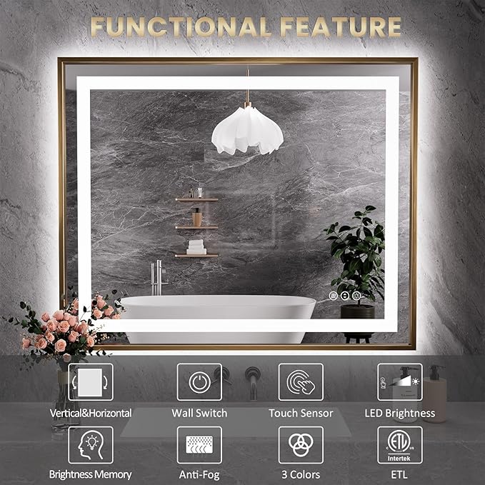Amorho 48"x 30" Gold LED Bathroom Mirror, Metal Framed Mirror with Front Light and Backlit, Stepless Dimmable, Anti-Fog, Shatter-Proof, Memory, 3 Colors