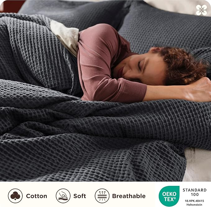 Bedsure Cotton Duvet Cover Queen - 100% Cotton Waffle Weave Charcoal Duvet Cover Queen Size, GentleSoft™ and Breathable Bedding Set for All Season, 3 Pieces, 90"x90"