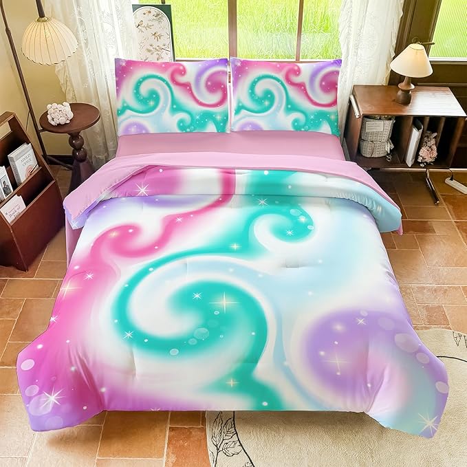Girls Full Size Bedding Sets Rainbow Bedding – 5 Piece Comforter Set Full, Gradient and Colorful Galaxy Comforter for All-Season – Machine Washable, Durable – Gift Idea for Boys and Girls Room