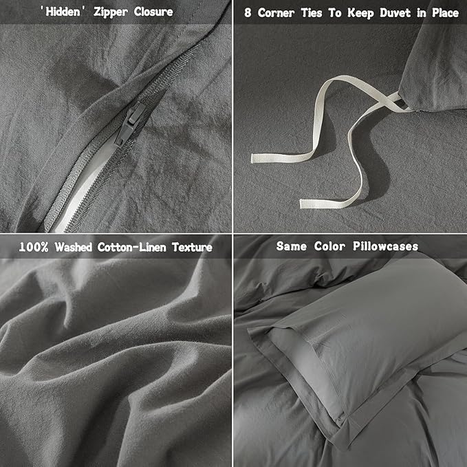 Dark Grey Duvet Cover Oversize Queen Size Bedding Set Cover 100% Washed Cotton Duvet Cover with Zipper Closure and 2 Pillowcases, 98inch x 98inch