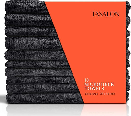 TASALON Microfiber Hair Towel for Salon - 10 Pack - 29 x 16 Inches, Quick Dry and Ultra-Soft Facial Towels with Soft Absorbant - Black