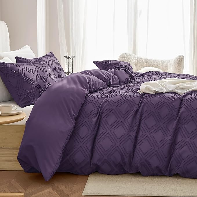 JELLYMONI Duvet Cover Queen Size Purple - 3PCS Boho Duvet Cover Set Plaid Polyester Tufted Bohemian Jacquard Knit Textured Comforter Cover 90×90in Rhombic Geometric Pattern Zipper Corner Tie