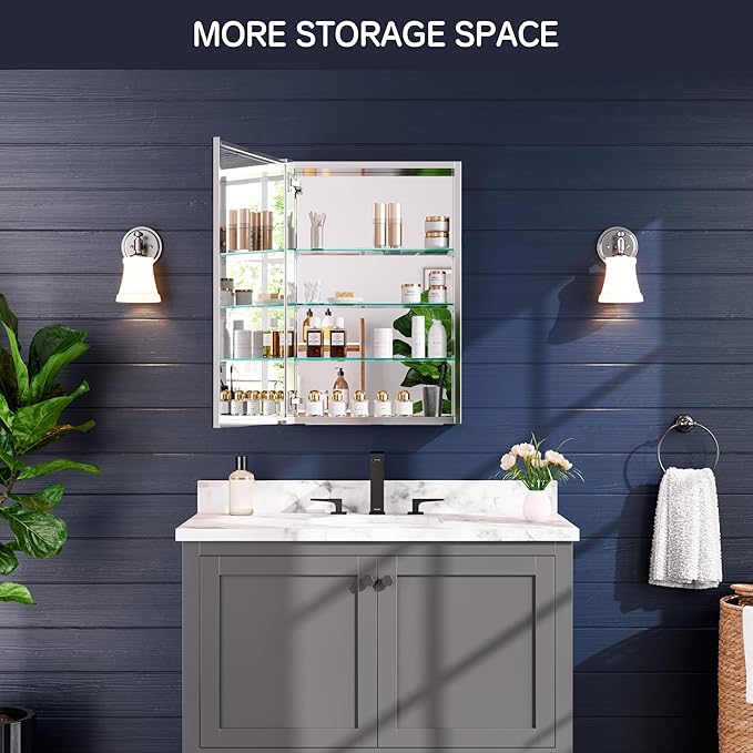 Medicine Cabinet 20" x 30", Bathroom Medicine Cabinet with Mirror, Recessed Medicine Cabinets with Adjustable Shelves, Soft-Closing Door, and Aluminum Alloy Frame - Reverse Installation, Silver