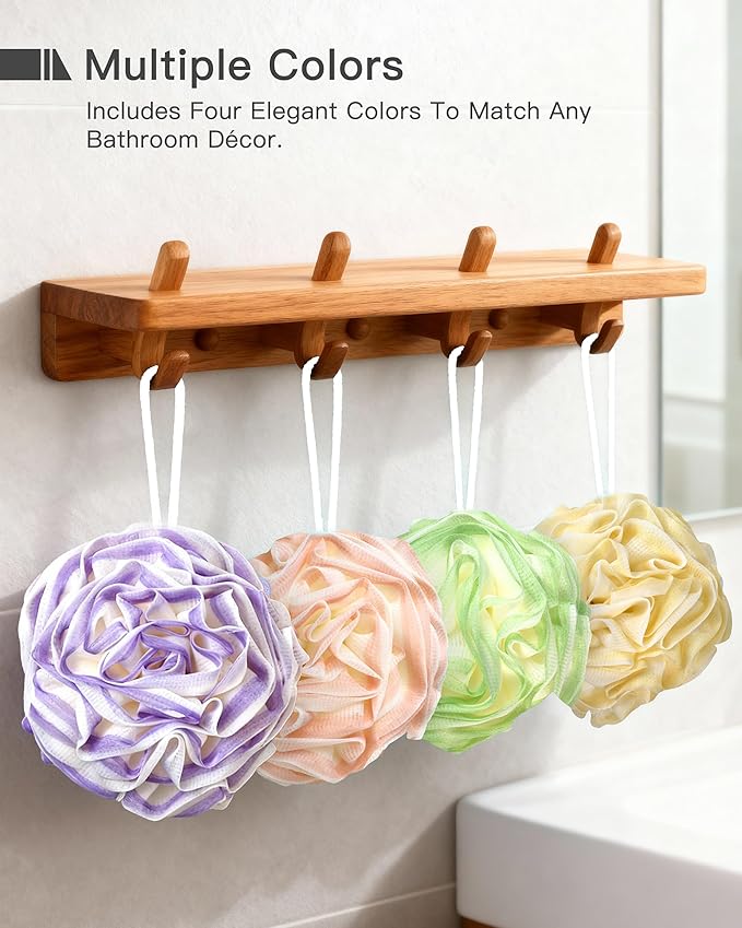 Large Bath Sponge Pouf 70g, 6.3 Inch Exfoliating Shower Loofah, Soft Durable PE Mesh with Reinforced Knotting, Rich Lather Body Wash Scrubber, 4-Pack Elegant Colors Gift Set（B-4Pcak）