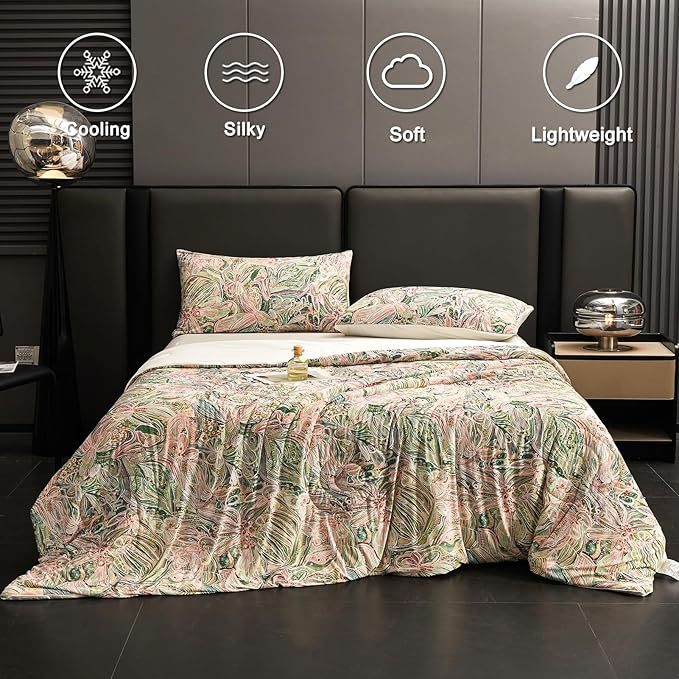 Cyusri Floral Print Cooling Comforter Set 3Pcs Breathable Cool Queen Size Bedding Set with 2 Pillowcases Green Pink Flowers Pattern Silky Cold Quilt, 90"x90"