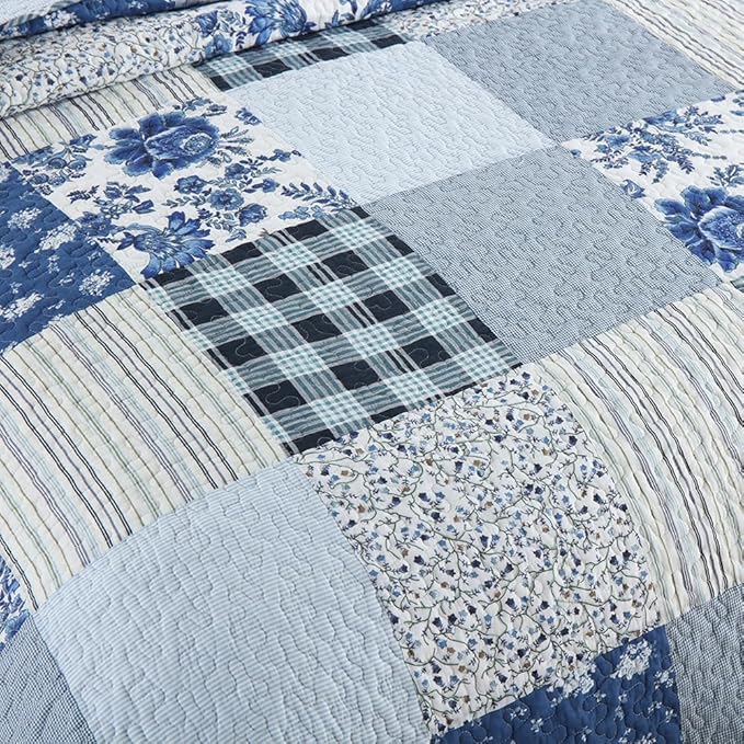 Cotton Bedspread Quilt Bedding Sets 3 Pieces Reversible Coverlet Sets Comforters Rustic Floral Patchwork Blue White Bedspread, Queen Size