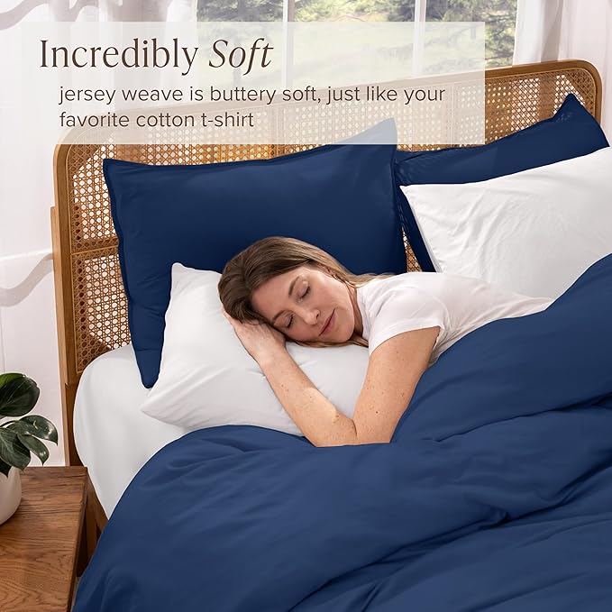 Bare Home 100% Organic Cotton Jersey Duvet Cover Set - Full/Queen Size - Ultra Soft - 100% Cotton - 3pcs - Corner Ties - Button Closure - Bedding Duvet Cover & Pillow Shams (Full/Queen, Dark Blue)