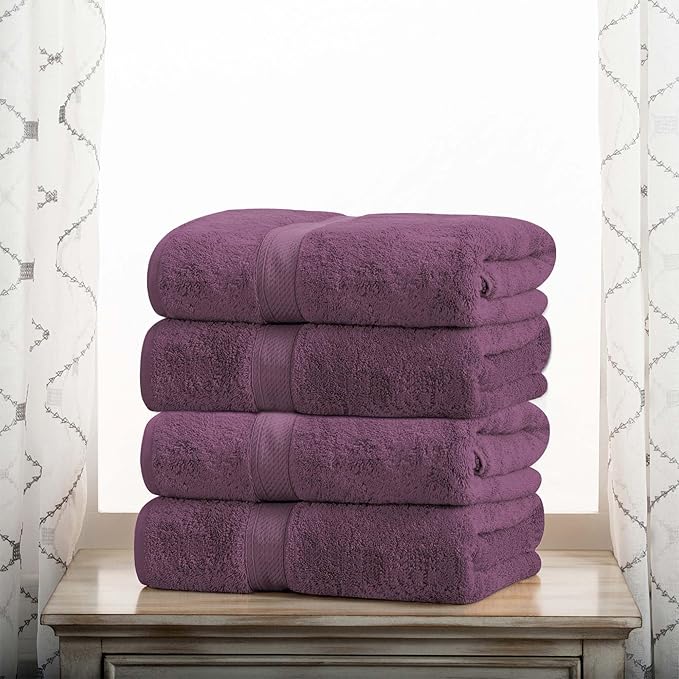 SUPERIOR Egyptian Cotton Pile Bath Towel Set of 4, Ultra Soft Luxury Towels, Thick Plush Essentials, Absorbent Heavyweight, Guest Bath, Hotel, Spa, Home Bathroom, Shower Basics, Plum