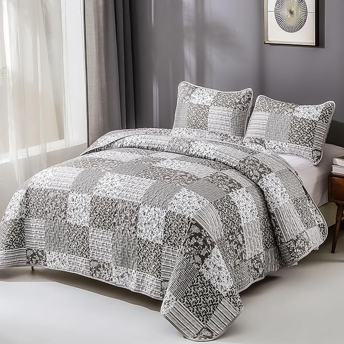 Mybedsoul Grey Boho Quilt Set Queen Size,3 Pieces Plaid Floral Bedspread Coverlet Set for All Season,Patchwork Reversible Bedding Set Queen 90"x96"