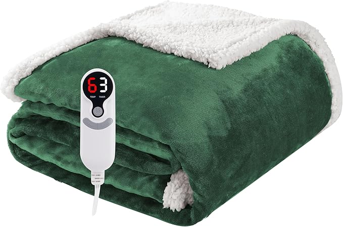 Electric Heated Blanket Throw Size 50"x60", Soft Flannel with Overheat Protection, 6 Adjustable Heat Settings & 3-Hour Auto-Off Timer, Fast Heating for Winter Comfort, Dark Green