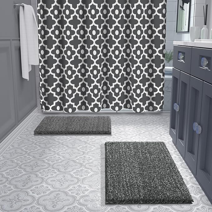 Yimobra Bath Rugs for Bathroom 32x20, Ultra Soft and Water Absorbent Bath Mats, Non Slip Plush Shower Rugs, Microfiber Thick Matts for Bathroom Floor/Tub, Machine Washable, Light Gray and Black Gray