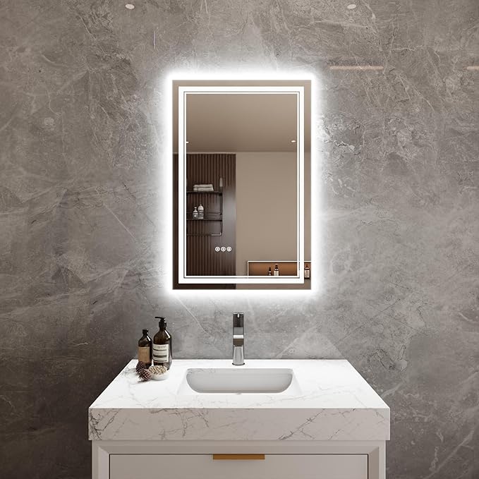 Bathroom Mirror with Lights 24"X36" with Front Light and Backlit, Tempered Glass, Wall Mount Horizontal/Vertical, Stepless Dimmable, 3 Colors, Anti Fog, Bathroom Memory LED Mirror