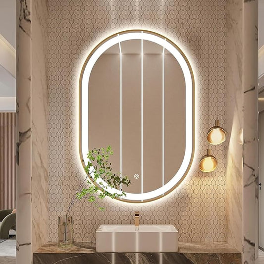 Oval LED Bathroom Mirror, 36"x24" Lighted Wall Mounted Vanity Mirror with Metal Frame, Anti-Fog IP66 Waterproof Smart Mirror, Memory Function, (Horizontal or Vertical), Gold