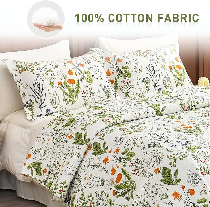 Lady Ann 100% Cotton Floral Quilt Sets Queen - Yellow Flowers & Leaves Pattern Plant Botanical Printed Quilted Bedding, 3 Pcs Lightweight Extra Soft Queen Bedspread Coverlet Set for All Season